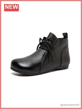 Faux Leather Round Toe Lace-Up Ankle Boots Comfort Flat Sole Casual